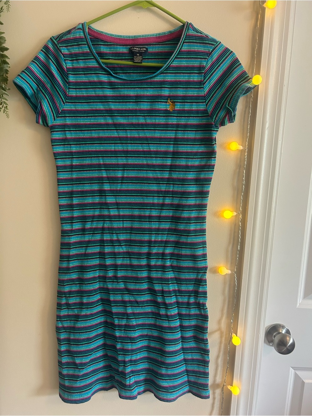 U.S. Polo Assn. Striped Short Sleeve Tee Dress - Teal & Pink size medium